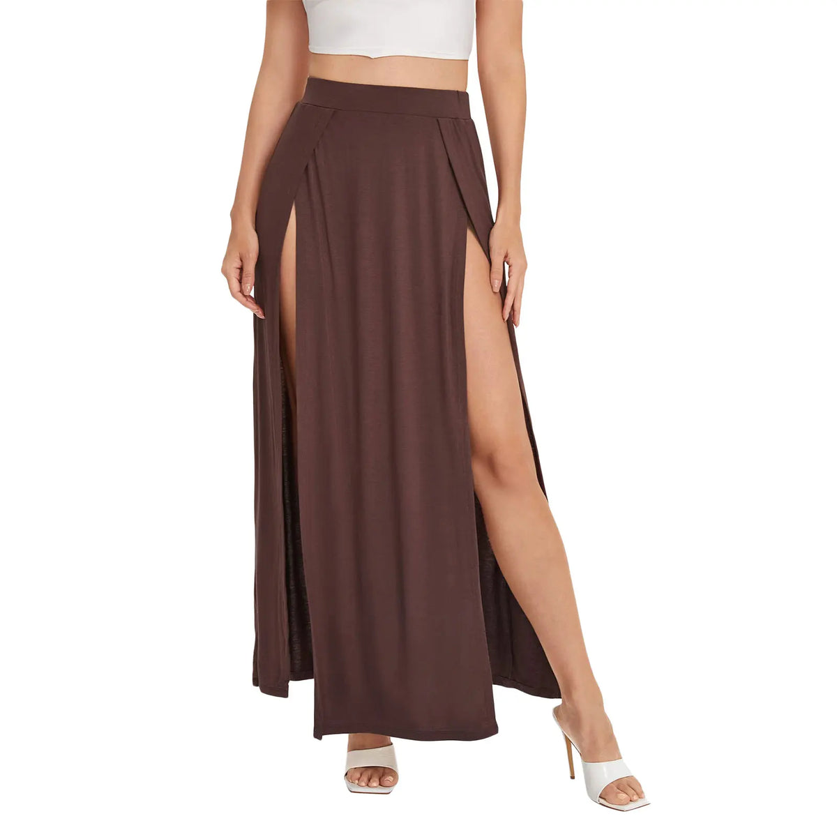 High-waisted sexy skirts with side elastic and slit from Corporación Turística, shown in caqui color with a fitted silhouette.