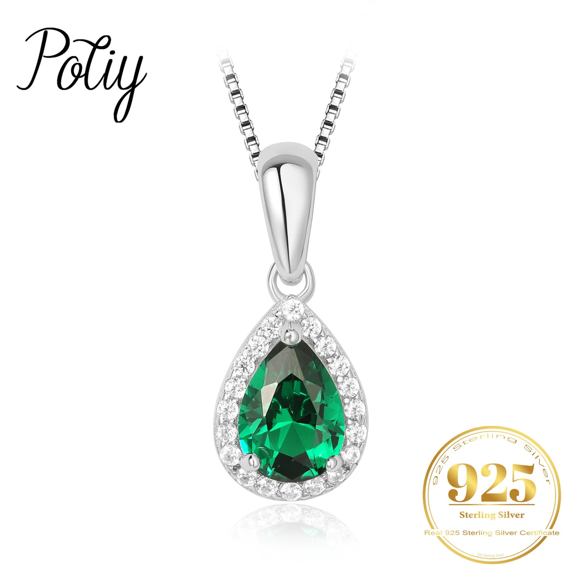 Sterling silver 925 necklace with emerald pendant, featuring a shiny rhodium plating, displayed on a white background.
