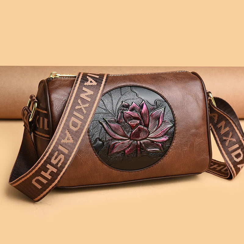 Chocolate-colored women's casual shoulder bag, bandolier style, from Corporación Turística, with adjustable strap and spacious interior.