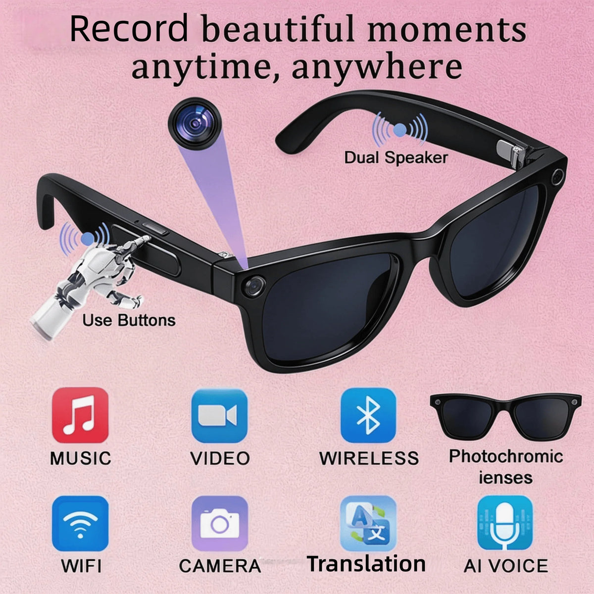 Clear lens smart glasses with 4K camera and AI features, designed by Corporación Turística, shown in a close-up image.