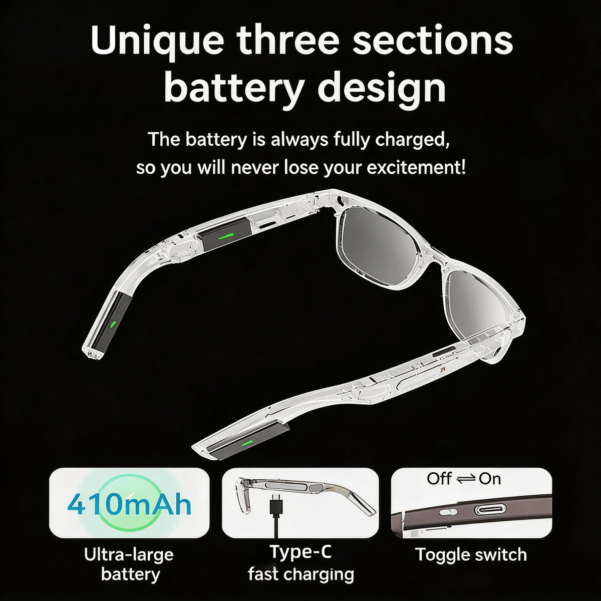 Clear-lens 4K camera glasses with AI smart features by Corporación Turística, showing stylish eyewear with built-in camera and advanced functions.