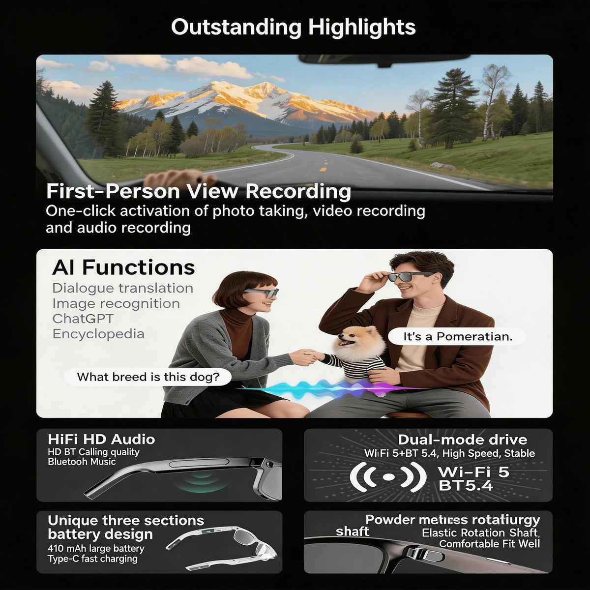 Smart 4K camera glasses with AI features by Corporación Turística, clear lenses, designed for capturing photos and videos hands-free.
