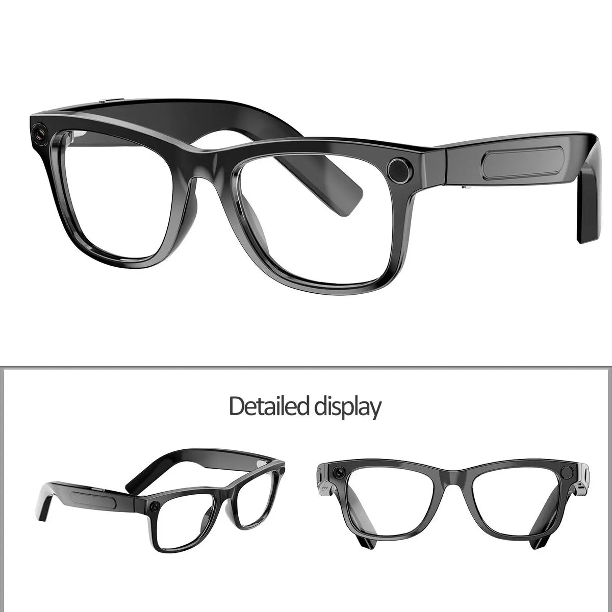 Clear-lens 4K camera glasses with smart AI functions, designed by Corporación Turística for hands-free recording and enhanced features.