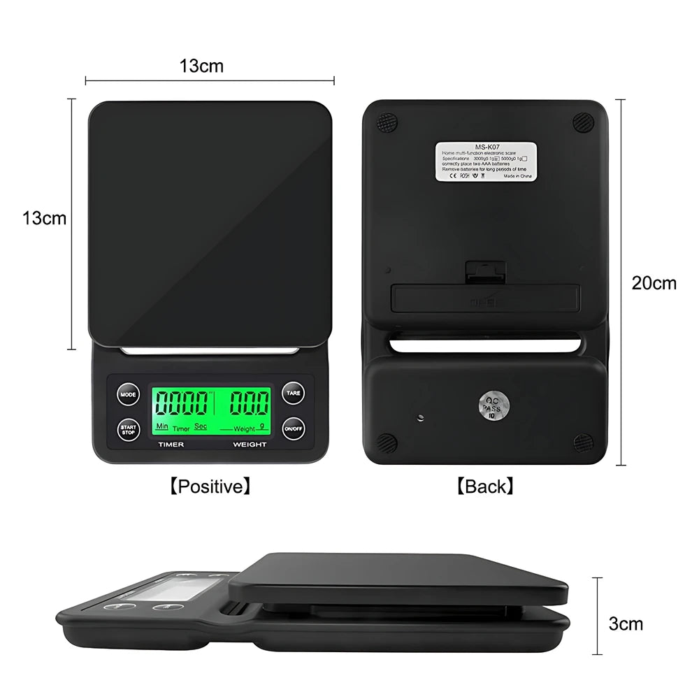 Digital kitchen scale by Corporación Turística showing a black 3kg capacity with precise readings and built-in timer for home use.
