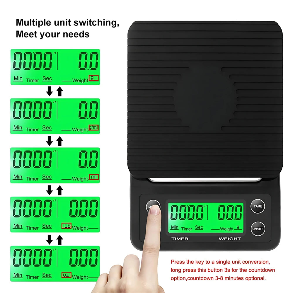 Digital kitchen scale by Corporación Turística, measures 3kg with 0.1g precision, includes timer, ideal for coffee and home use.