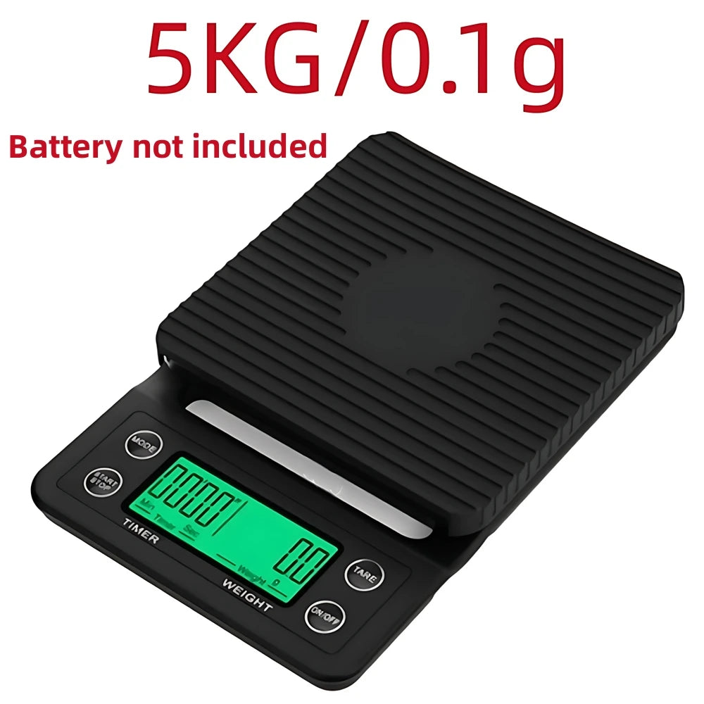 Digital kitchen scale by Corporación Turística, measures up to 3kg with 0.1g precision and built-in timer for coffee and home use.