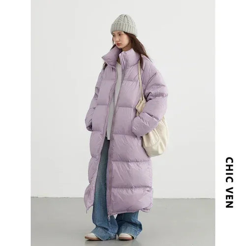 White duck down winter coat for women by CHIC VEN, featuring a stylish, padded design with a high collar and quilted texture.