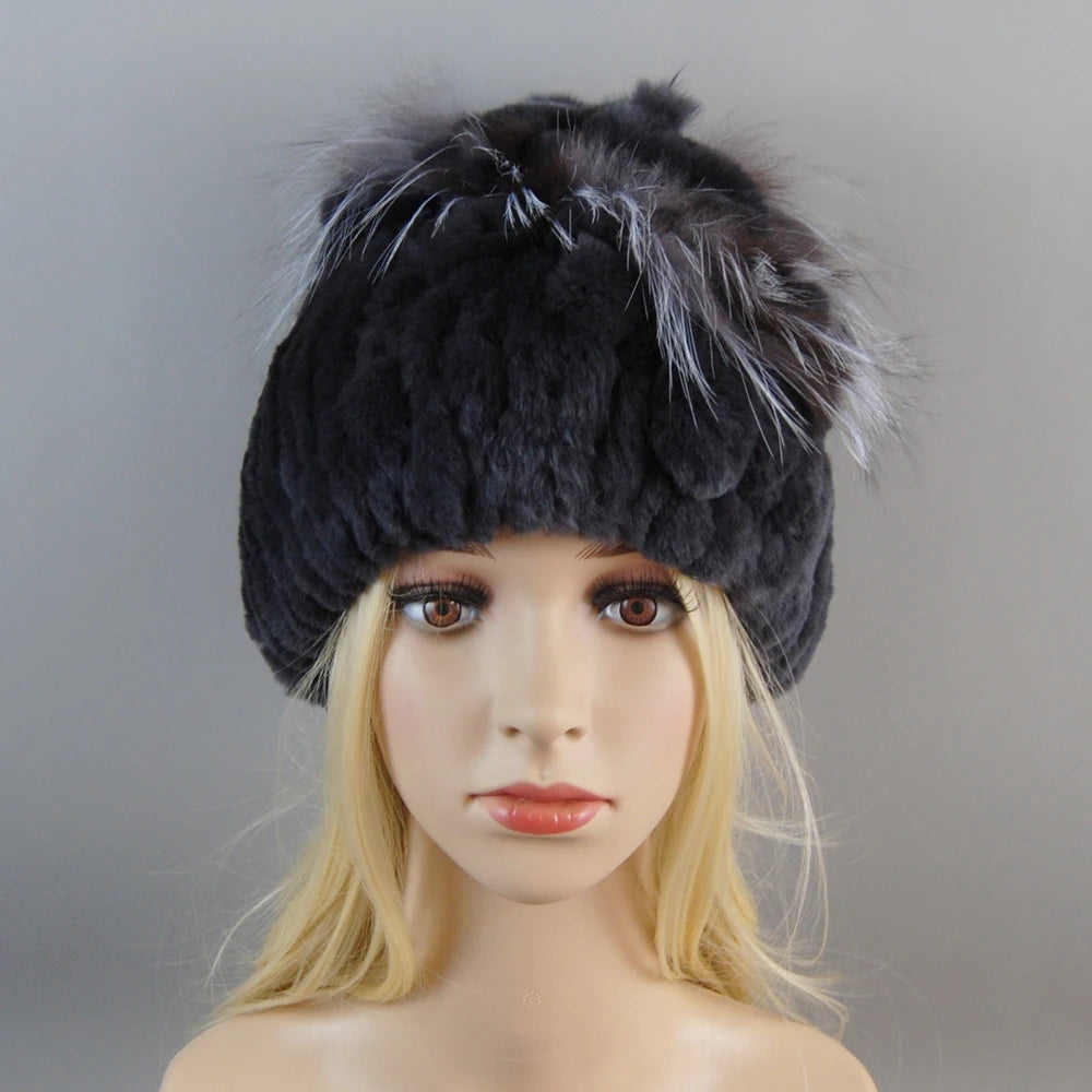 Luxurious women's winter leather hat with good elasticity, featuring a stylish design in a rich color.