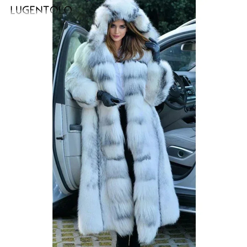 Light pink synthetic fur coat for women, stylish winter fashion by Corporación Turística, shown on a model.