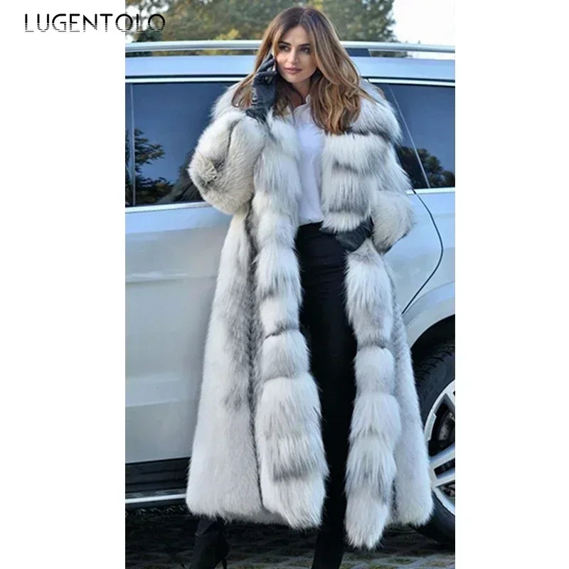 Light brown synthetic leather winter coat for women, stylish and warm, shown on a model in a fashion setting.
