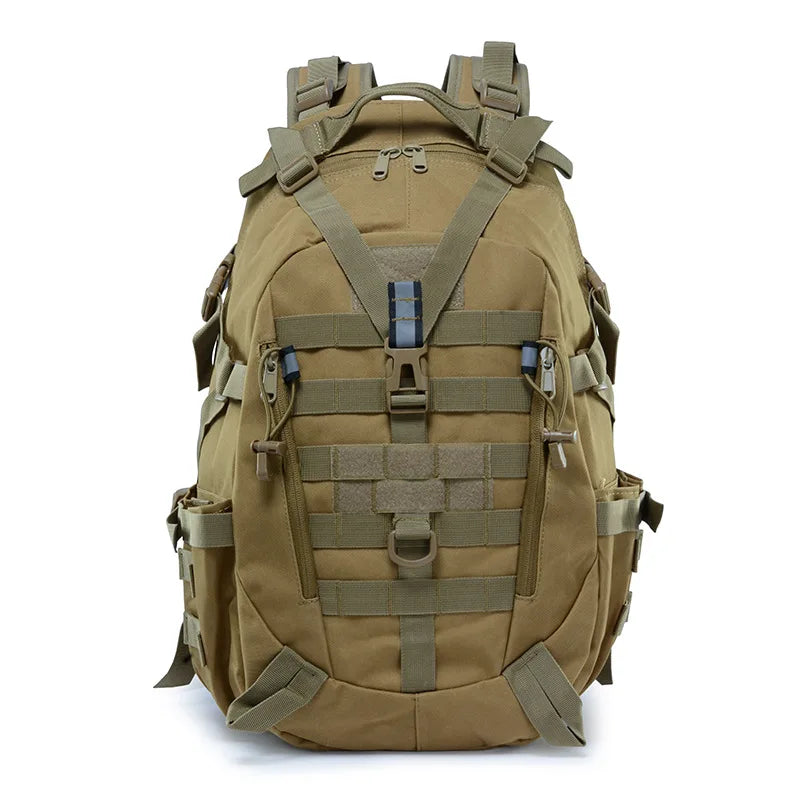 Men's camping backpack by Corporación Turística, 30-40 liter travel and hiking backpack with adjustable straps and multiple compartments.