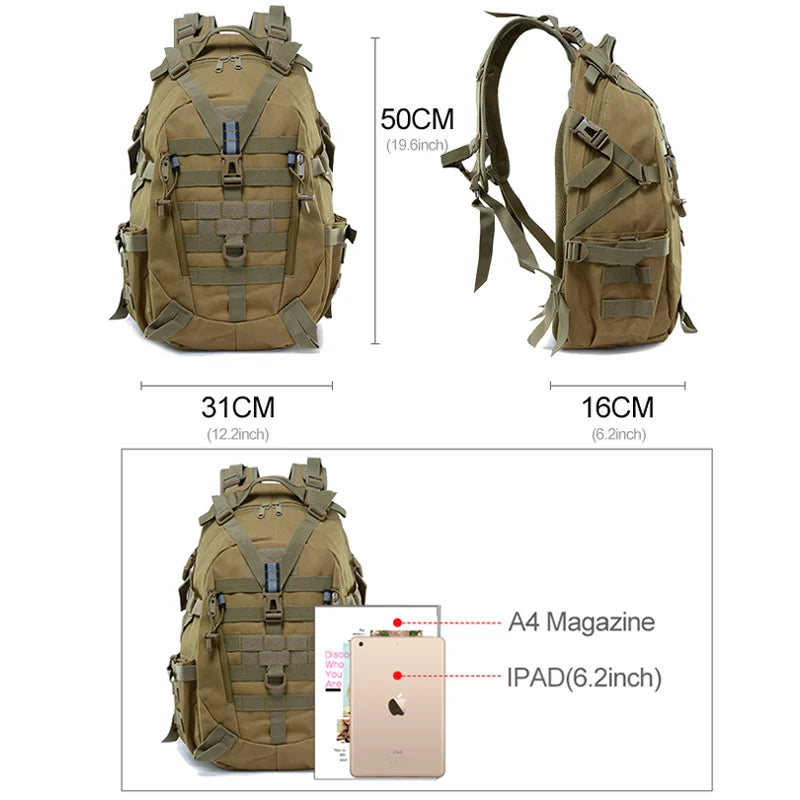 Men's camping backpack by Corporación Turística, 30-40 liter travel and hiking backpack with adjustable straps and multiple compartments.
