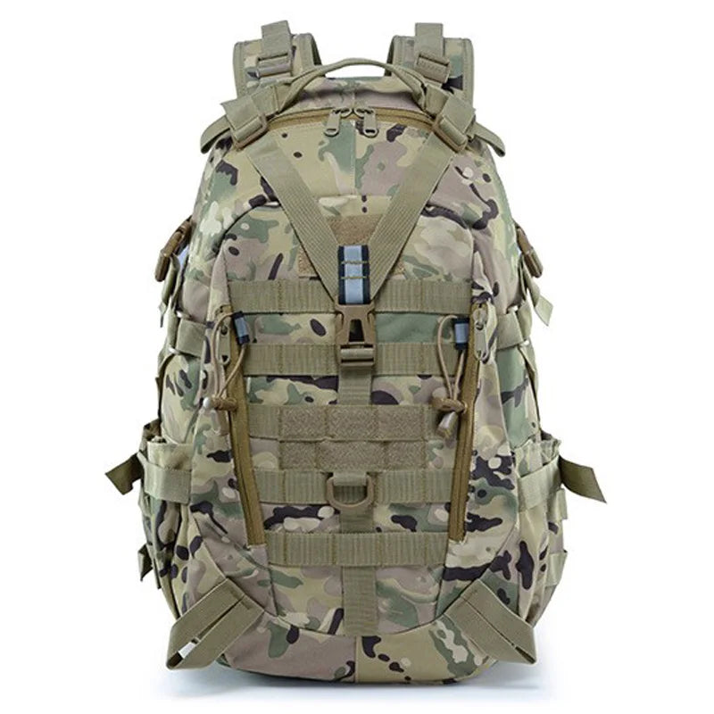Men's camping backpack by Corporación Turística, 30-40 liter travel and hiking backpack with multiple compartments and sturdy straps.