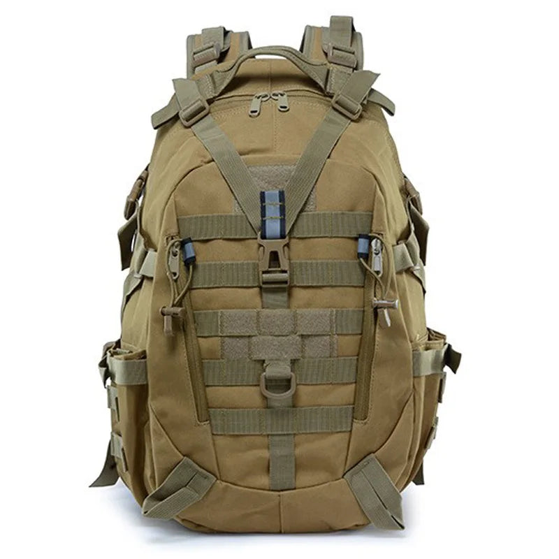 Corporación Turística camping backpack for men, 30-40 liters, outdoor travel bag with adjustable straps and multiple compartments.