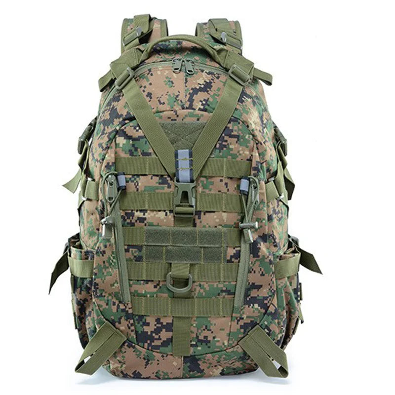 Camping backpack for men by Corporación Turística, 30-40 liter travel and hiking bag with multiple compartments and padded straps.