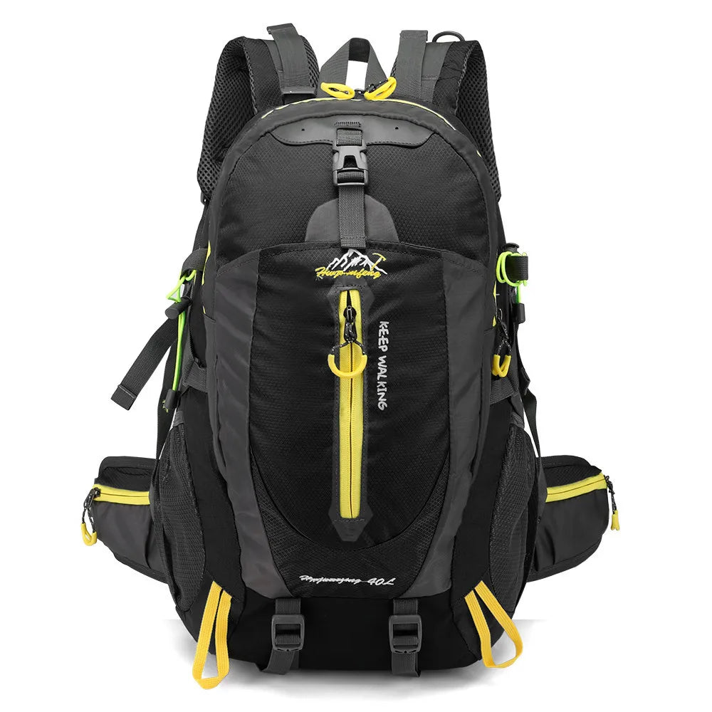 Dark blue 40L hiking backpack for men and women by Corporación Turística, with adjustable straps and multiple compartments.