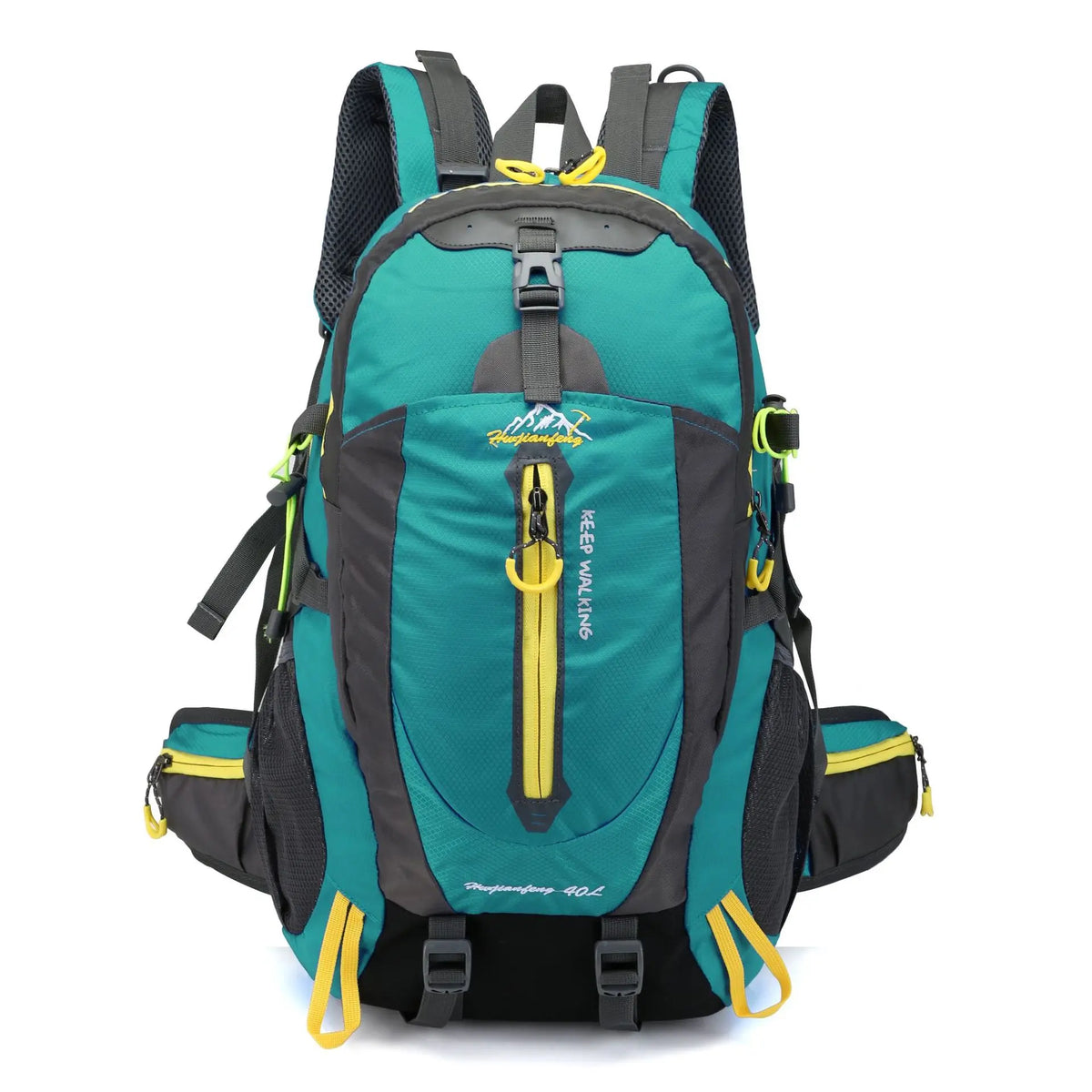 Dark blue 40L hiking backpack for men and women by Corporación Turística, featuring adjustable straps and multiple compartments.