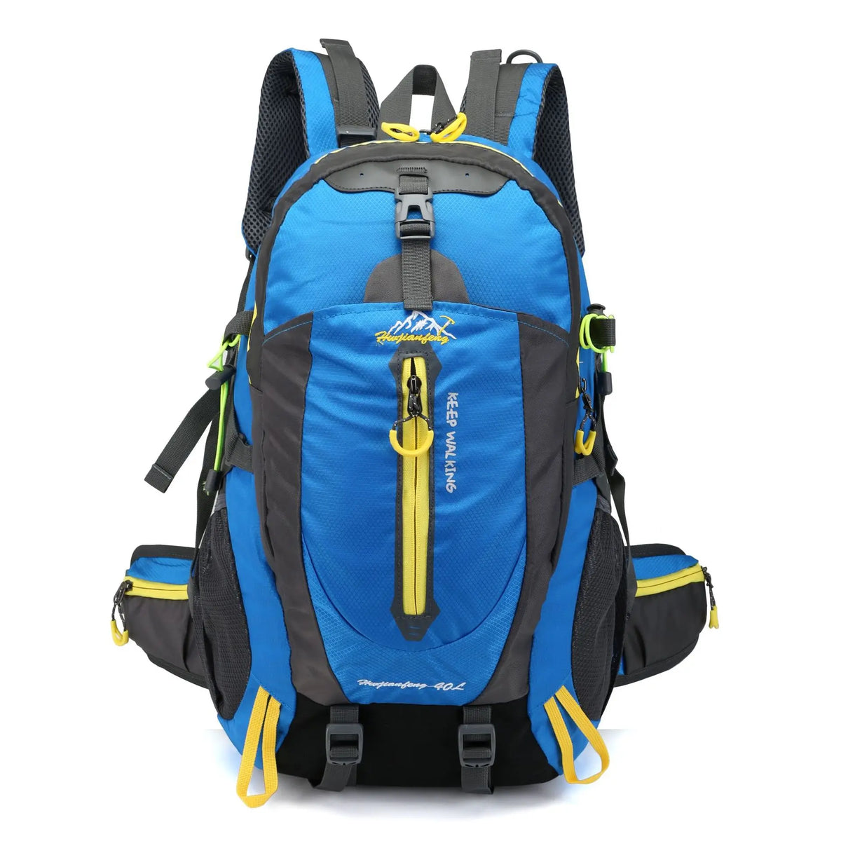 Dark blue 40L hiking backpack for men and women by Corporación Turística, featuring adjustable straps and multiple compartments.