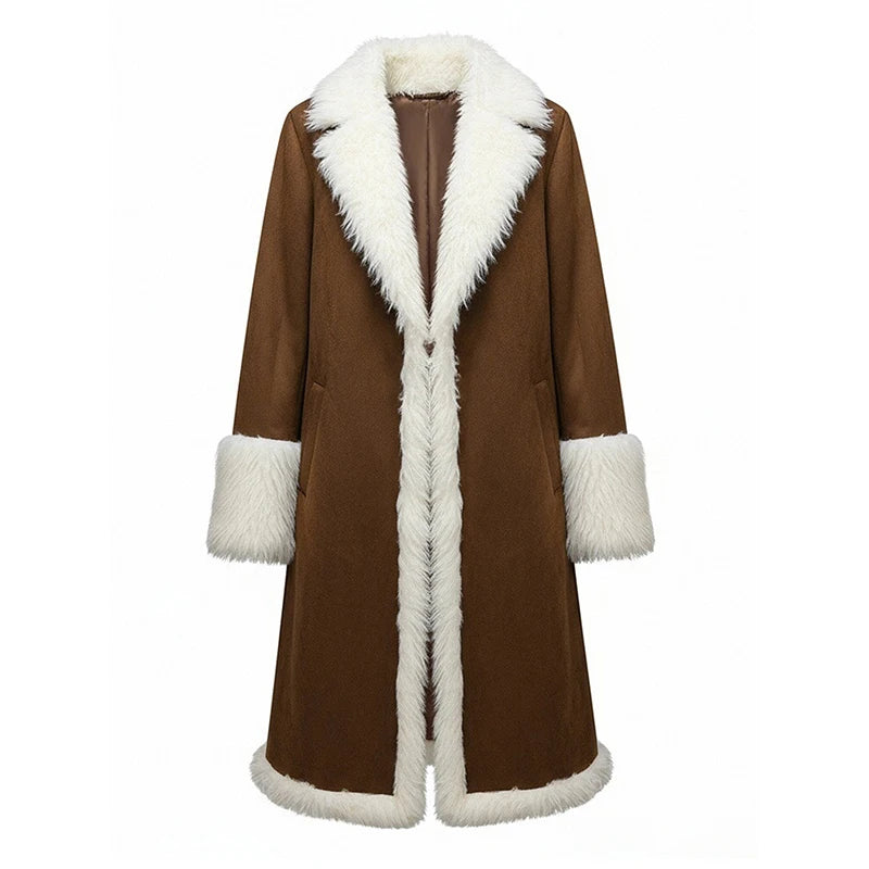 Dark brown long women's coat with faux fur collar, made of suede, by Corporación Turística, stylish and warm outerwear.