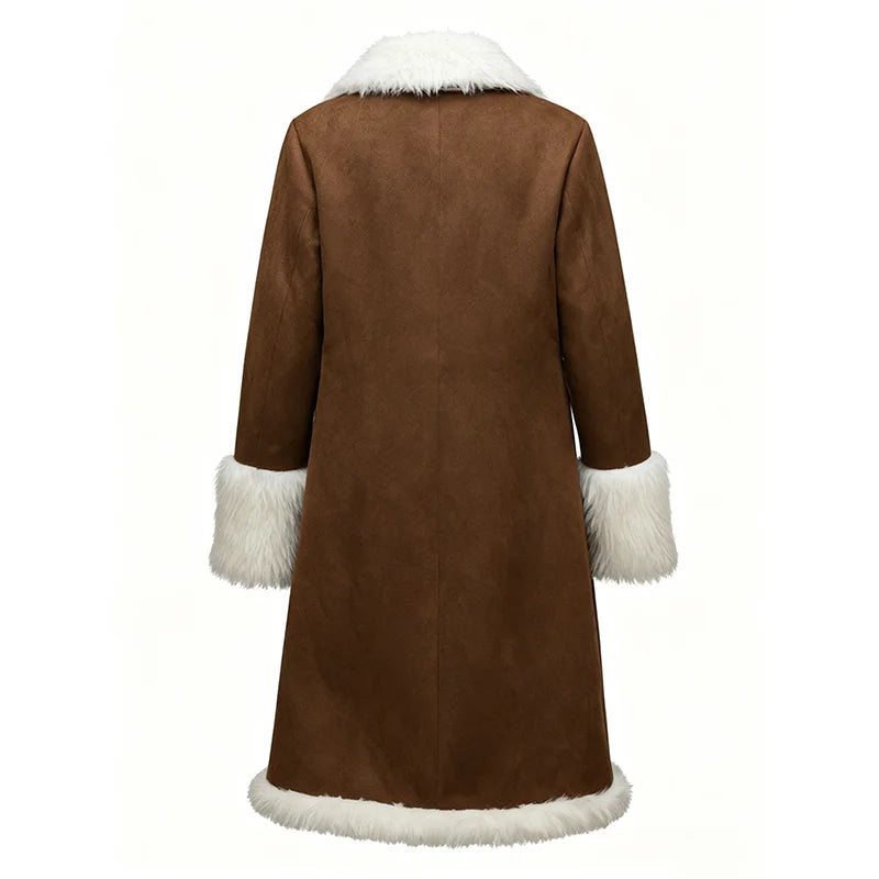 Dark brown long women's coat with faux shearling collar, stylish and warm, from Corporación Turística.