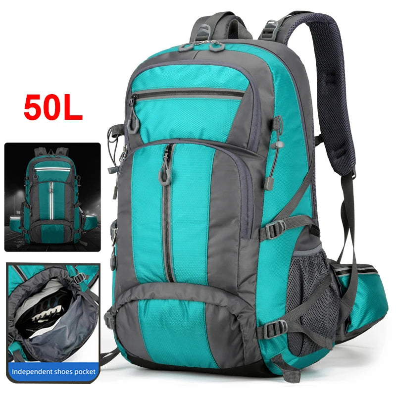 Nylon 50L camping and sports backpack by Corporación Turística with adjustable straps and multiple compartments.