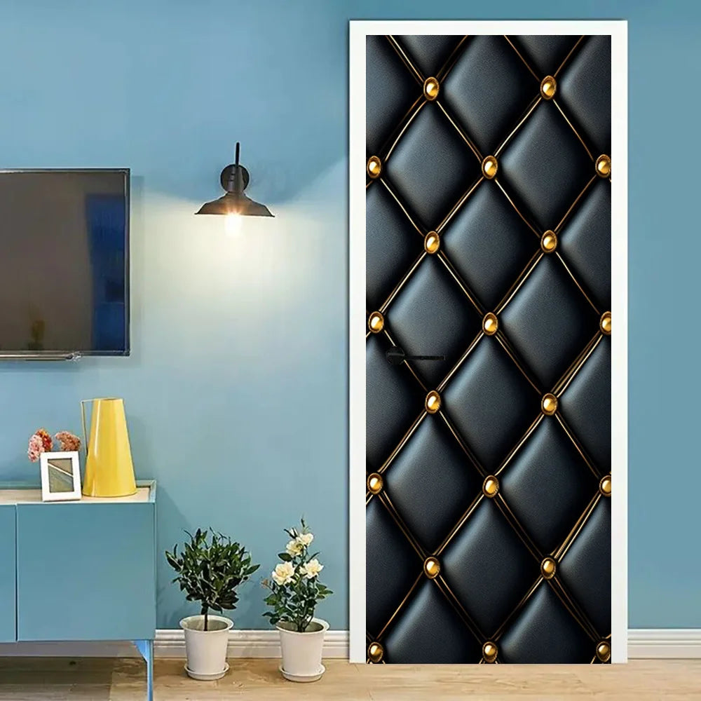 Black leather-style door sticker with shiny finish, removable wall decor decal by Corporación Turística for decorating doors.