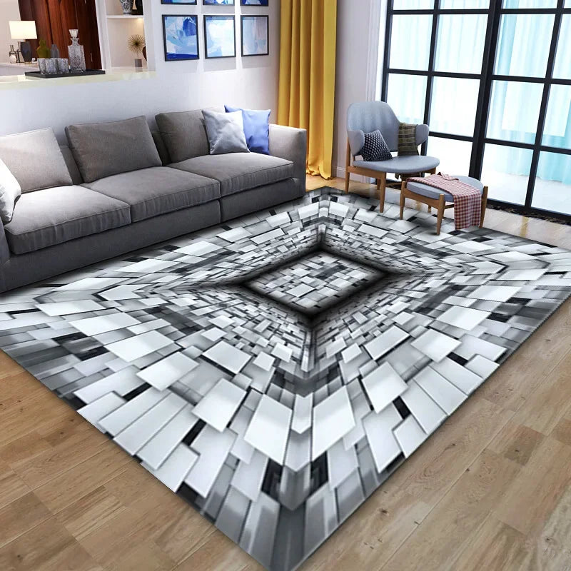 3D optical illusion geometric rug by Corporación Turística, soft and anti-slip, ideal for living room decor.