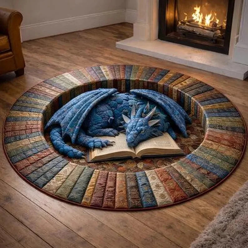 Round red dragon 2D decorative rug by Corporación Turística, modern fantasy home decor for living room.