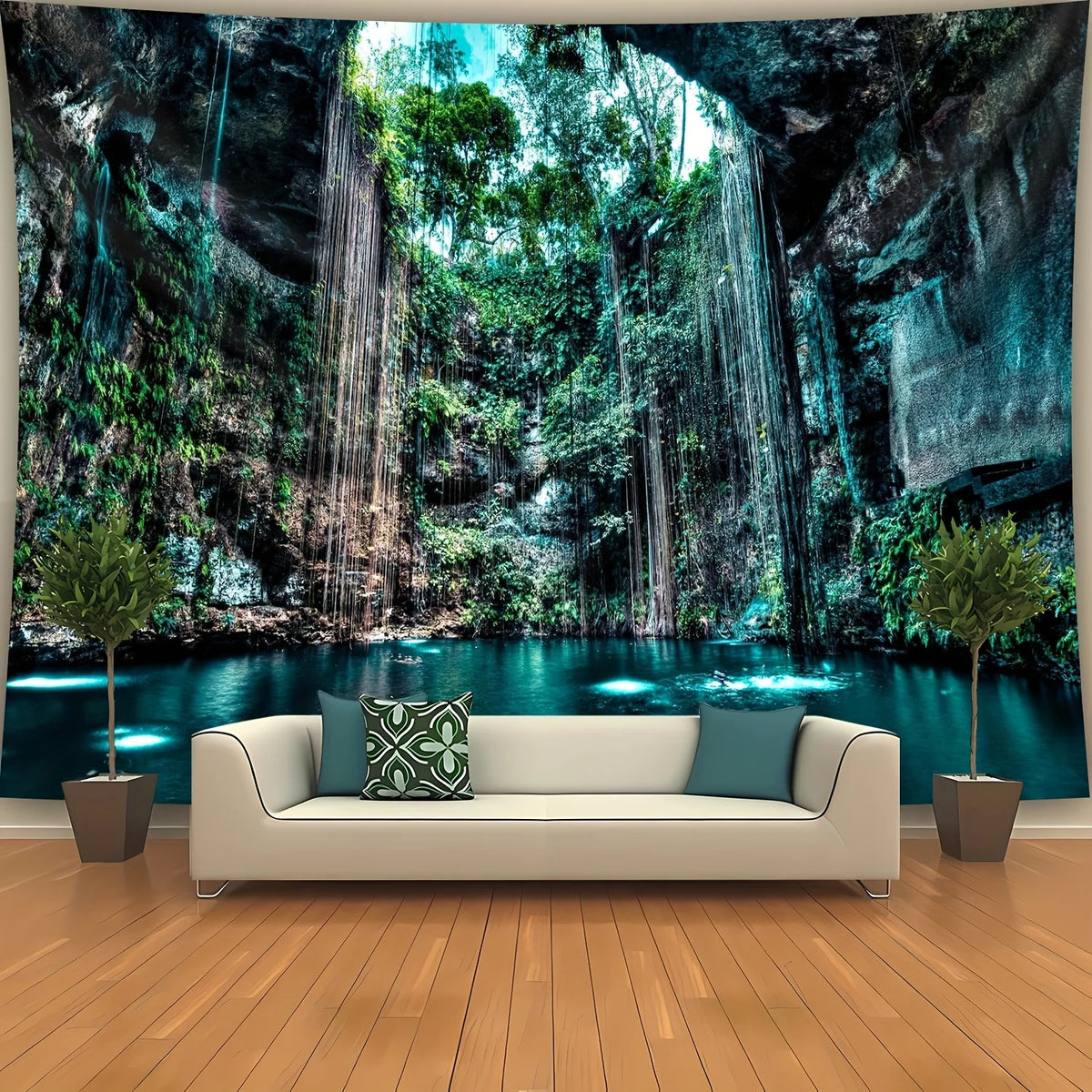 Decoración de fondo fotográfico 2D en poliéster con paisaje de piscina y cueva, ideal para fiestas y eventos.