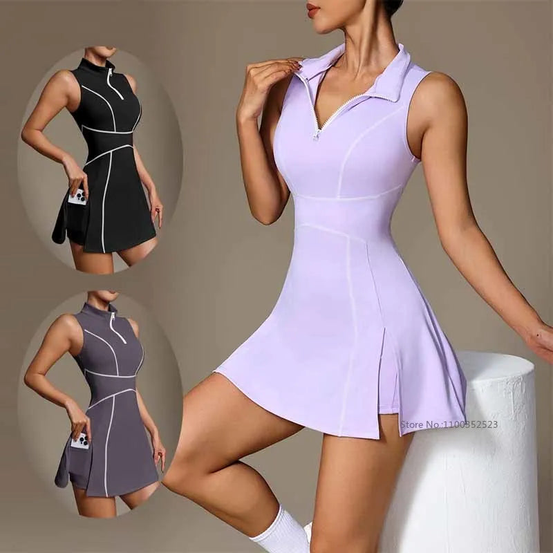 Deep purple women's sleeveless tennis athletic dress by Corporación Turística, featuring a cue design and sporty fit.