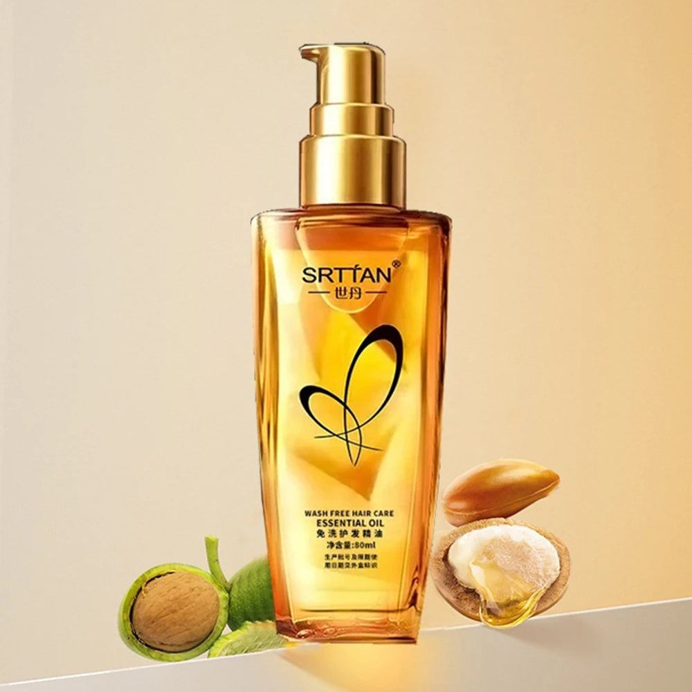 Argan oil hair serum from Corporación Turística showing a clear bottle with golden argan oil for nourishing hair.