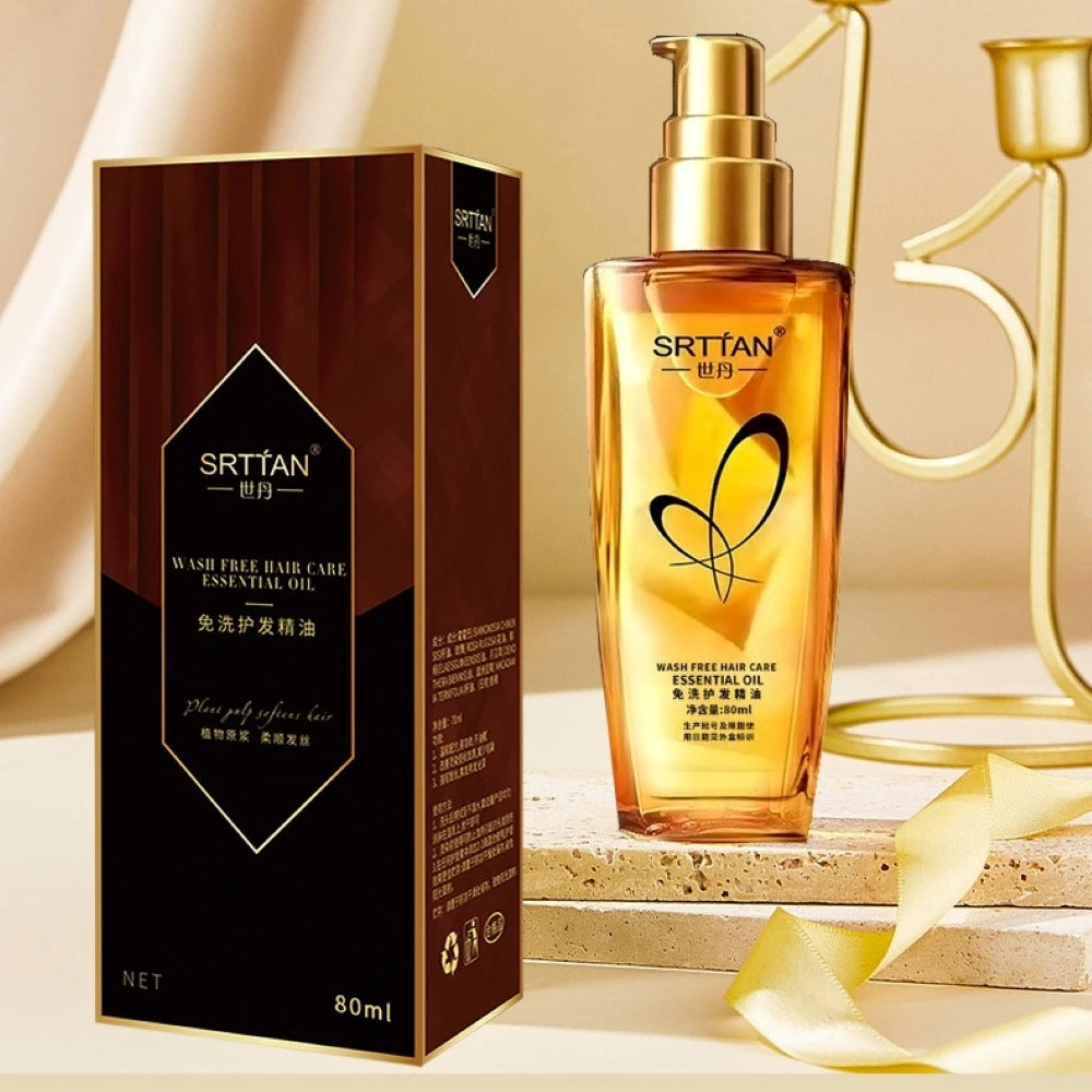 Argan oil hair serum in a clear bottle with a pump dispenser, designed for nourishing and smoothing hair.