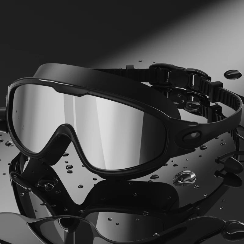 Black transparent adult unisex swimming goggles with wide view, anti-fog and UV protection for swimming sports.