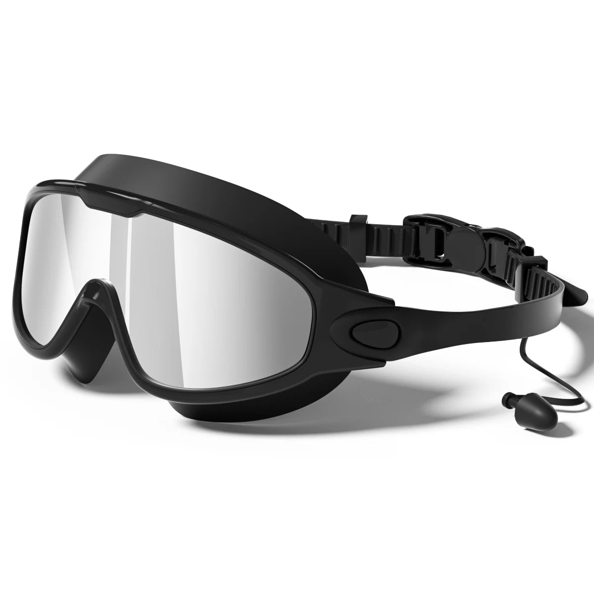 Black and transparent unisex adult swimming goggles with wide view, anti-fog, UV protection, designed for recreational swimming.