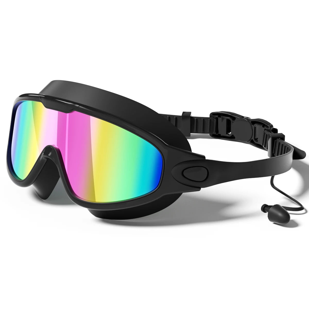 Black transparent adult unisex swimming goggles with wide view, anti-fog and UV protection for swimming by Corporación Turística.