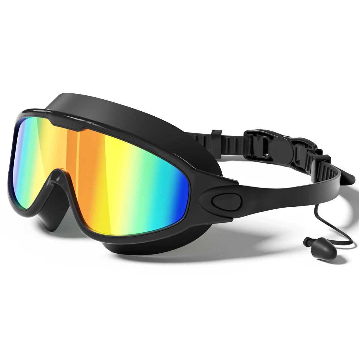 Adult unisex swimming goggles by Corporación Turística with wide view, anti-fog, UV protection, black transparent design.