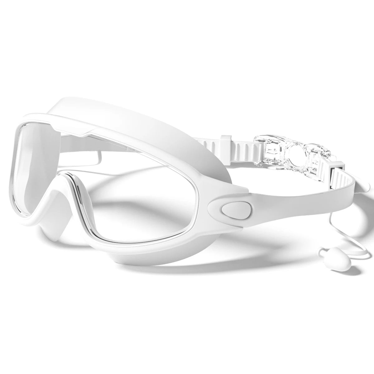 Adult unisex swimming goggles by Corporación Turística with wide view, anti-fog, UV protection, black and transparent design.