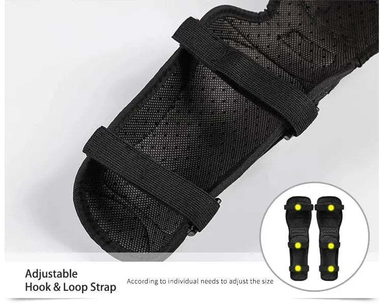 Black stainless steel motorcycle knee protector by Corporación Turística, designed for motocross and snowboard protection.