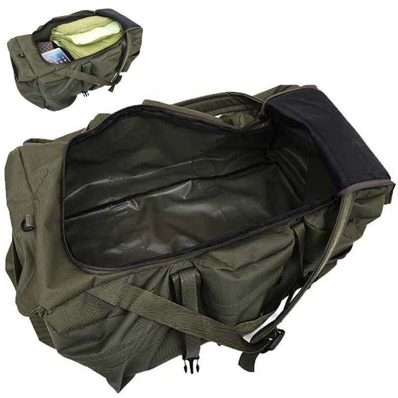 Tactical travel bag by Corporación Turística, 100L size, rugged design for outdoor and travel use, with sturdy straps and compartments.