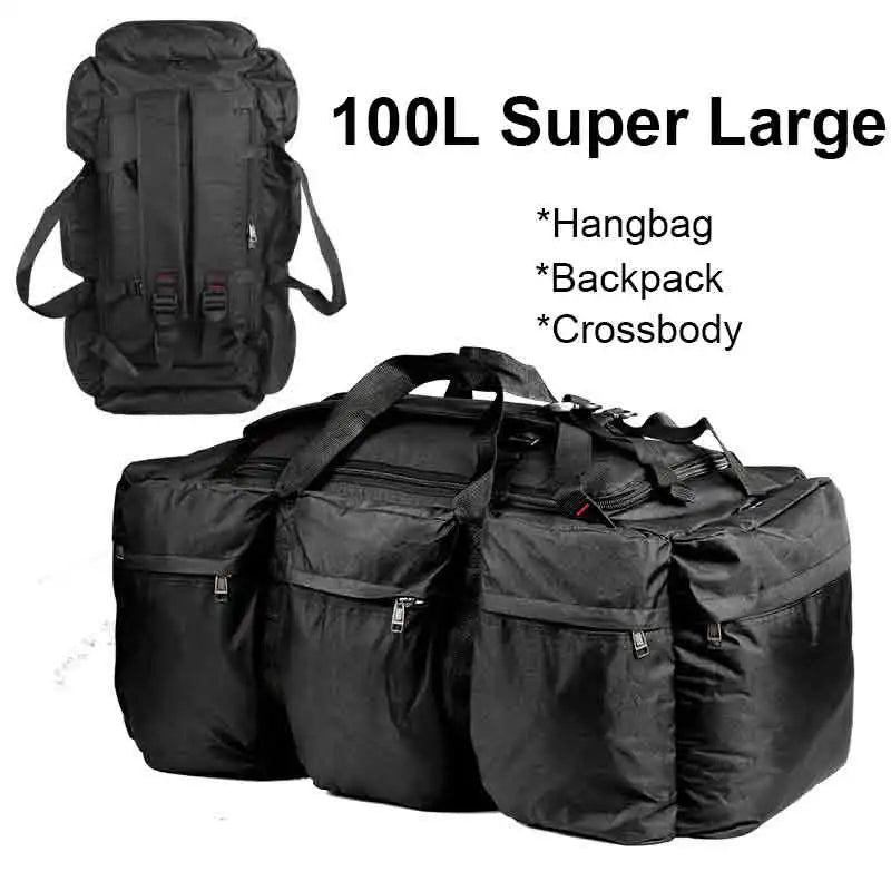 Tactical 100L travel bag by Corporación Turística, rugged backpack with multiple compartments for outdoor or travel use.
