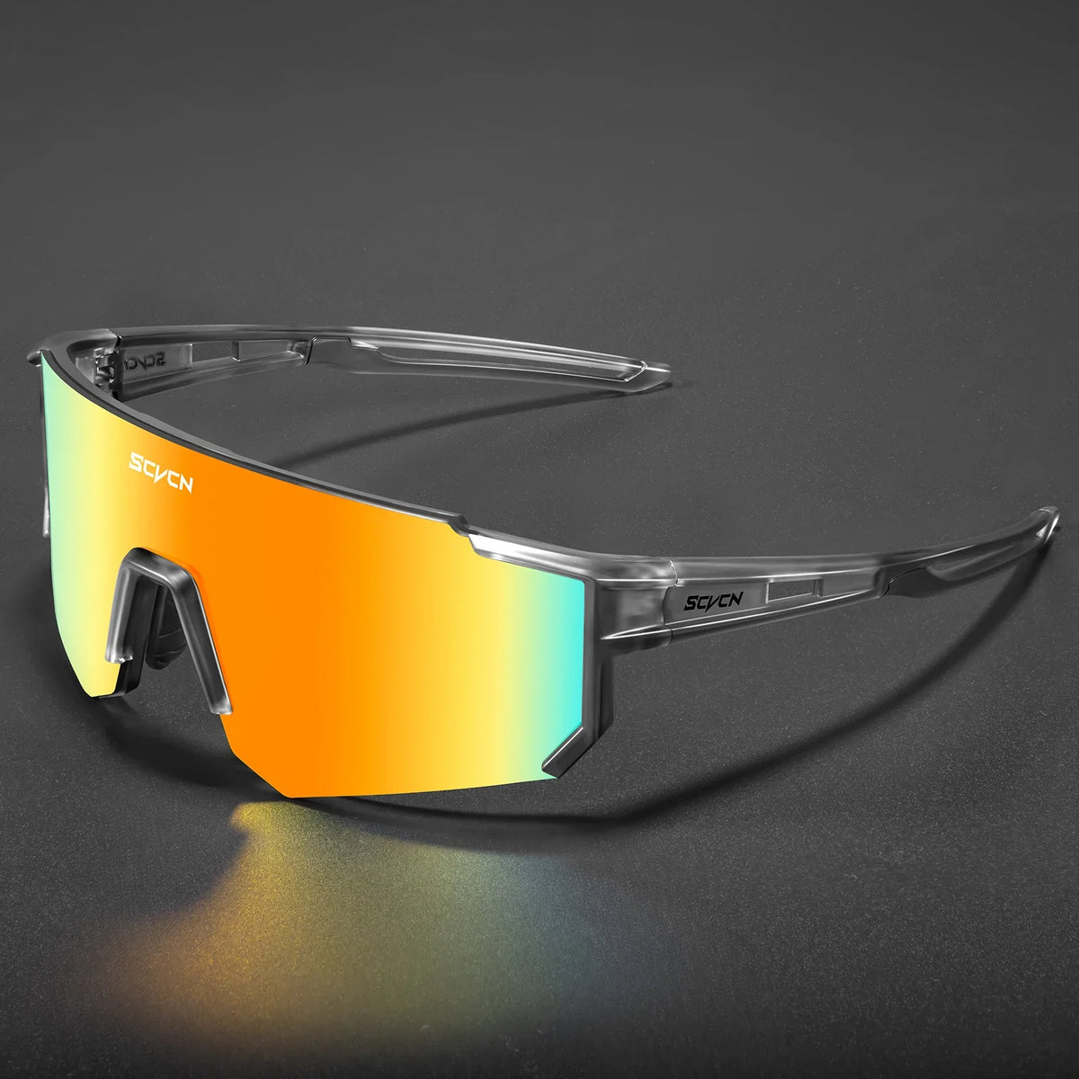 Pair of Corporación Turística SCVCN cycling sunglasses with black frames and tinted lenses for outdoor biking.