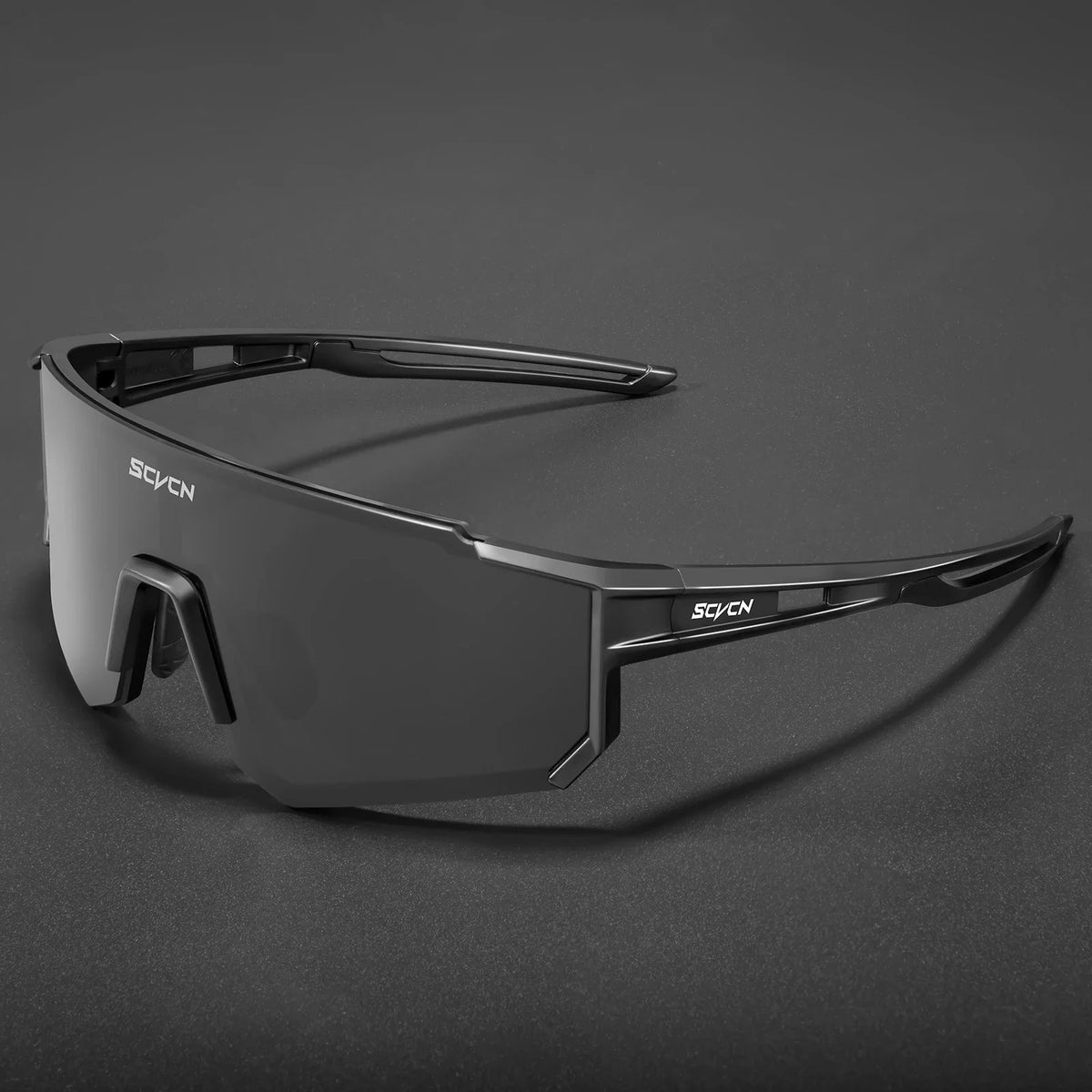 Corporaación Turística SCVCN outdoor cycling sunglasses with wrap-around lenses and black frame for sun protection.