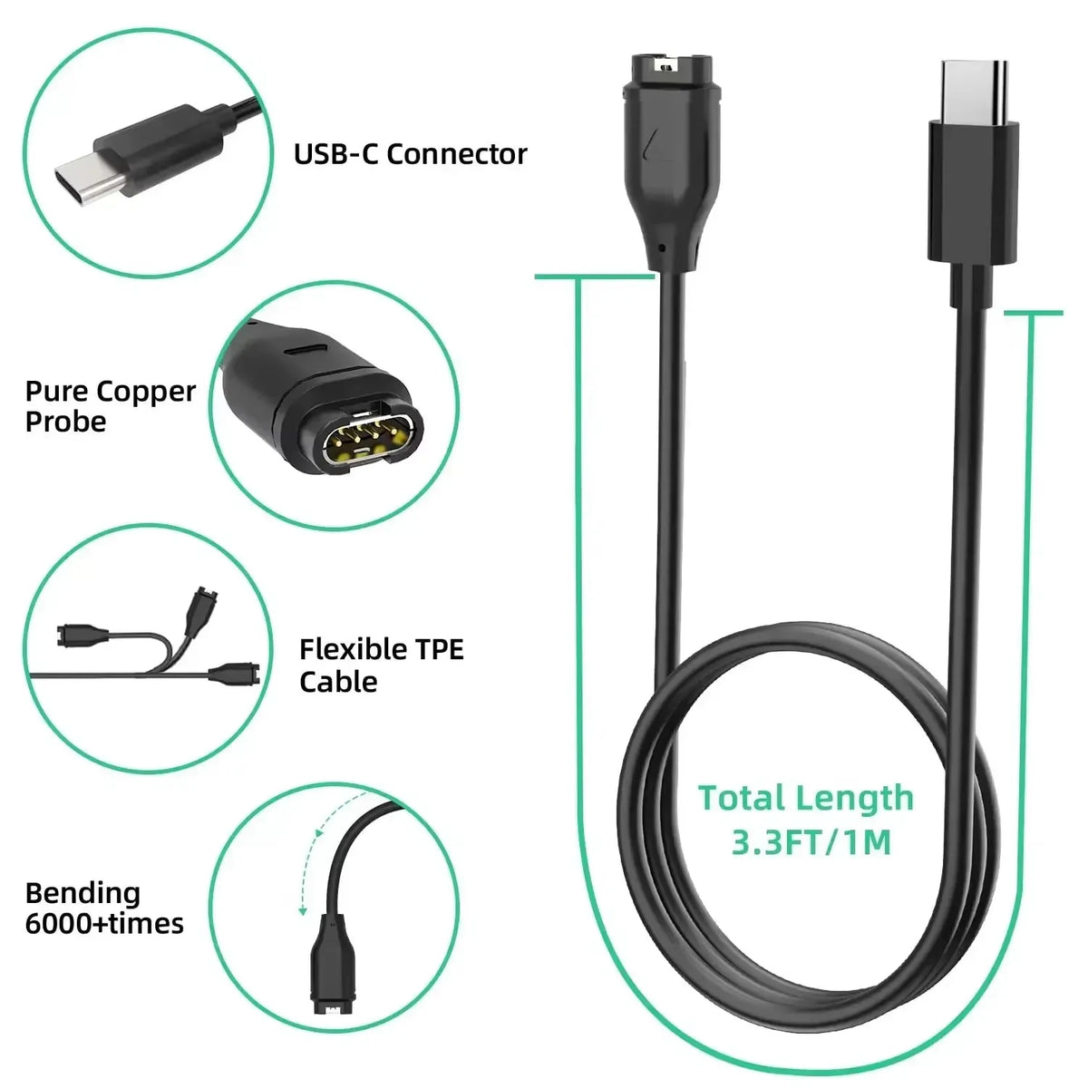 Garmin USB-C charger cable for Fenix 5, 6, 7 Pro by Corporación Turística, portable fast-charging electronic accessory.