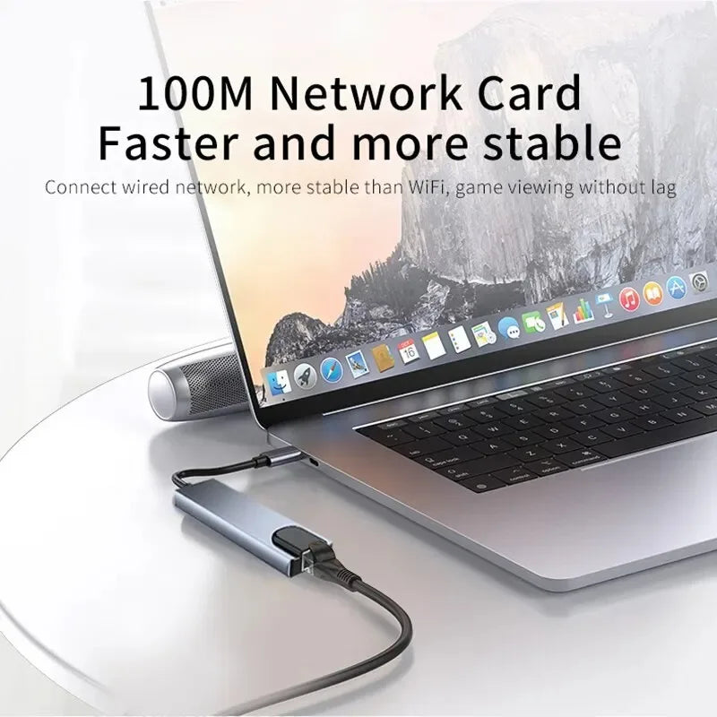 Corporación Turística USB C 8-in-1 hub with 4K HDMI, RJ45 Ethernet, PD charging port for laptops, electronic accessories.