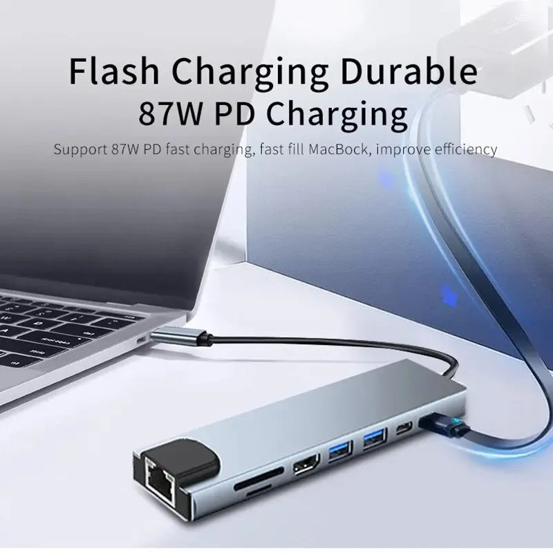 Corporación Turística USB C 8-in-1 hub with 4K HDMI, RJ45 Ethernet, and fast charging port for laptops.