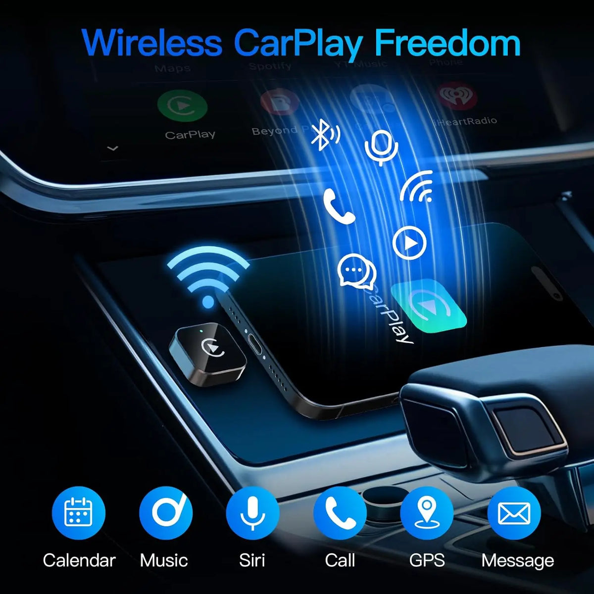 Wireless CarPlay adapter for iPhone and Android, compact electronic accessory from Corporación Turística for quick car multimedia connection.