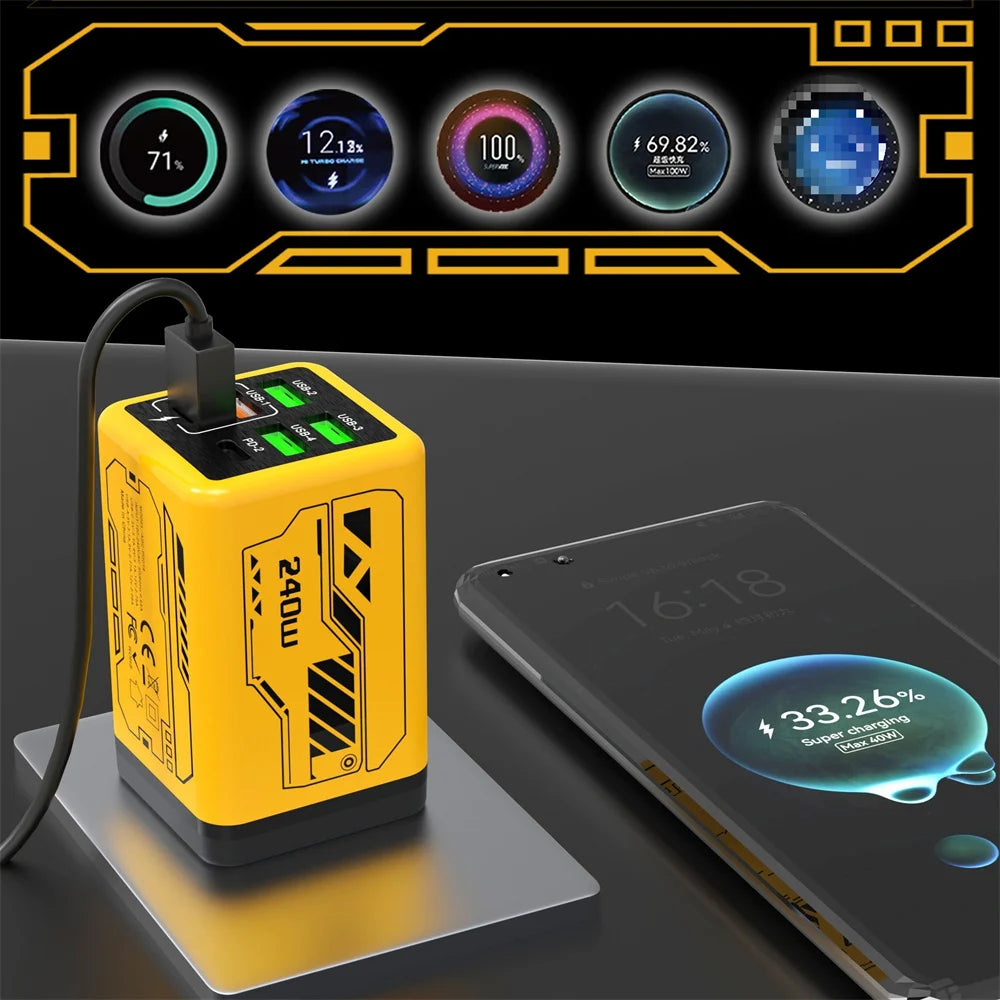 Yellow 6-in-1 240W USB-C PD charger from Corporación Turística for iPhone, Samsung, Xiaomi with fast charging capabilities.