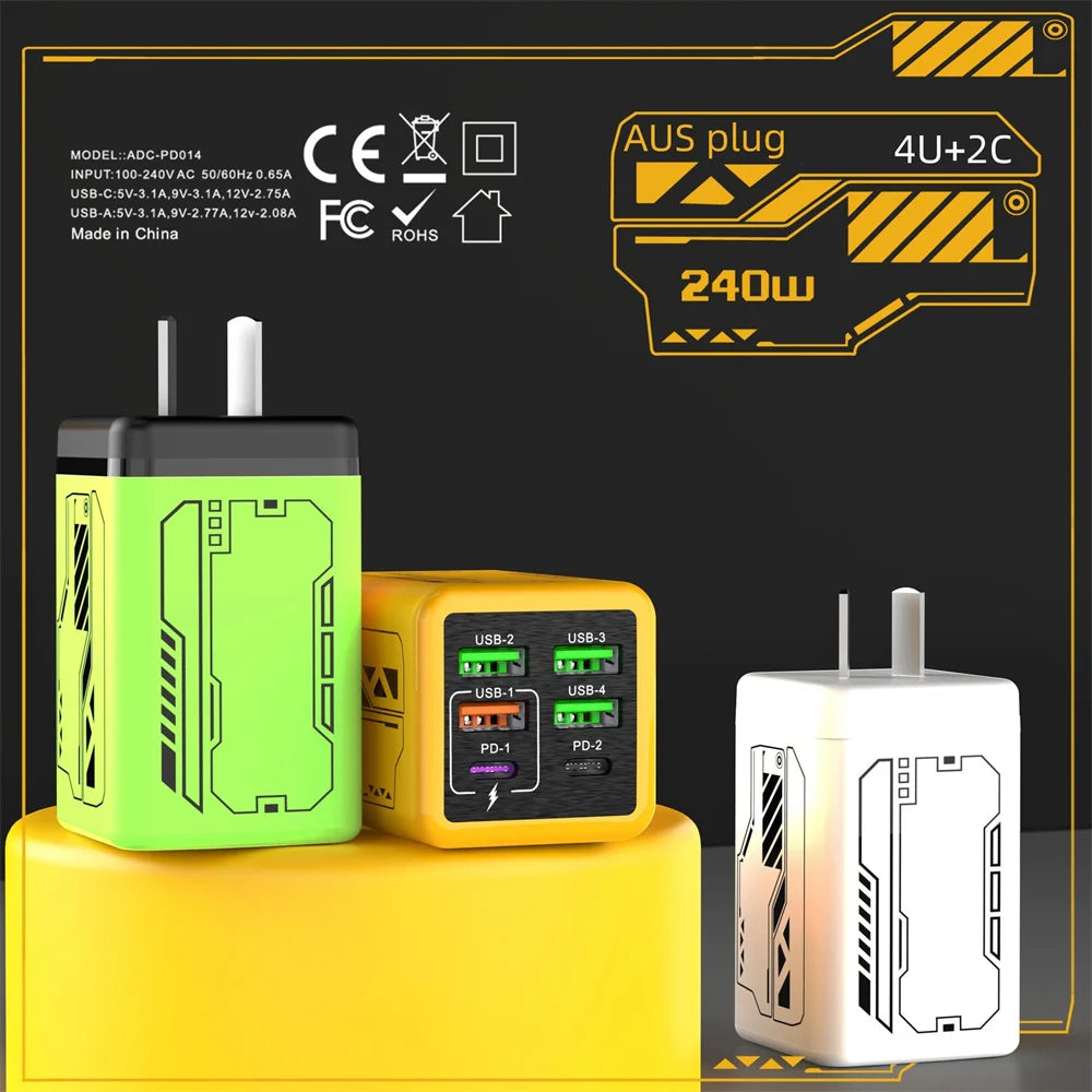 Yellow 6-in-1 240W USB-C PD charger for iPhone, Samsung, Xiaomi, with EU plug, fast charging electronics accessory.