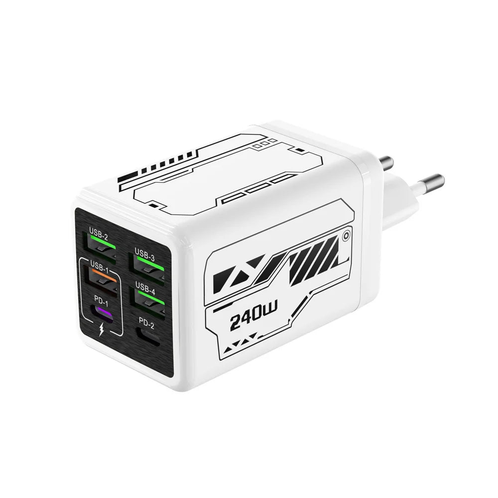 Yellow 6-in-1 240W USB-C PD fast charger by Corporación Turística for iPhone, Samsung, Xiaomi mobile devices.