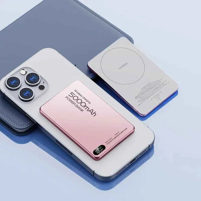 Pink 10,000mAh MagSafe power bank by Corporación Turística with rapid charging and ultra-slim design for mobile devices.